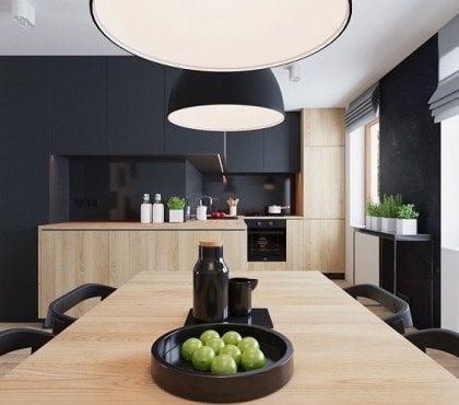 idées déco aménagement cuisine noir et bois ouverte moderne 2023 style minimaliste industriel