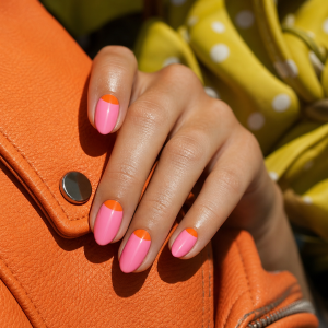 Manucure mi-lune rose et orange sur ongles amande, look mode été 2023