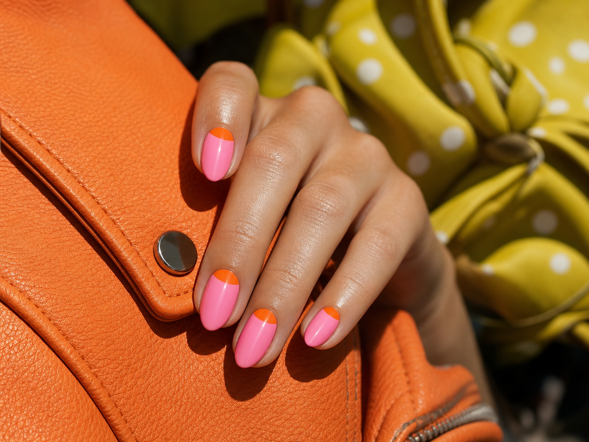 Manucure mi-lune rose et orange sur ongles amande, look mode été 2023