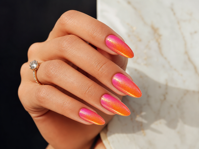 manucure juin 2023 orange et rose mermaid nails vernis irisé pailleté nail art tendance été faire ressortir bronzage