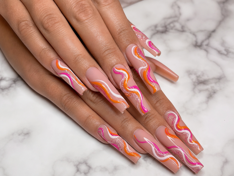 meilleur nail art été 2023 swirl nails manucure orange rose déco ongles longs ballerine