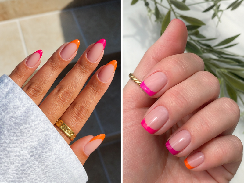 comment réaliser une french manucure orange et rose soi meme tendance nail art été 2023