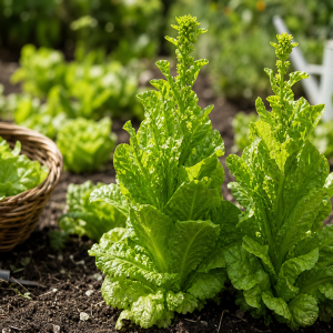 Salade romaine qui monte en potager avec tiges centrales allongées et feuilles vert vif