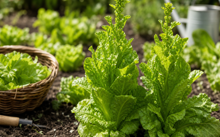 Salade romaine qui monte en potager avec tiges centrales allongées et feuilles vert vif