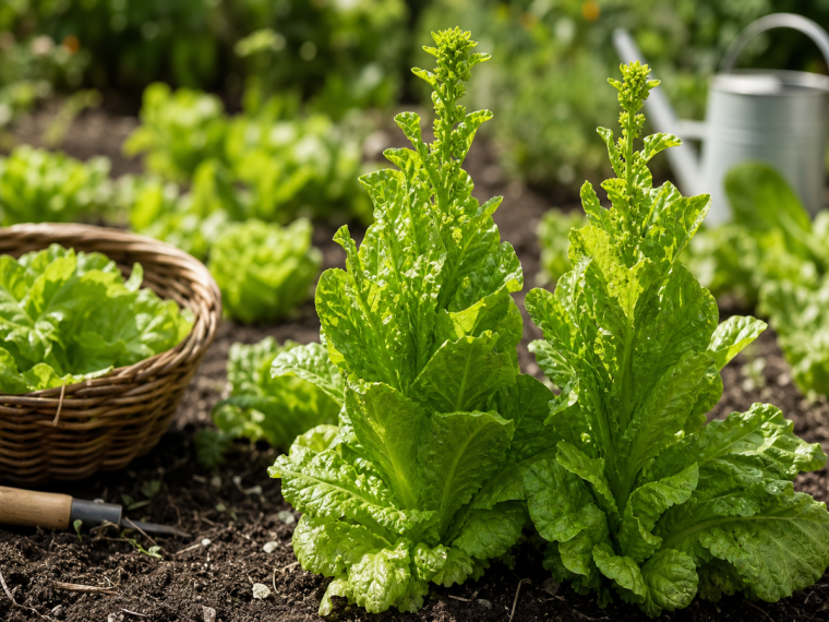Salade romaine qui monte en potager avec tiges centrales allongées et feuilles vert vif