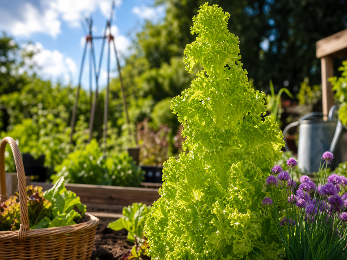 Laitue frisée qui monte en graines dans un jardin estival, clôture grillagée en fond