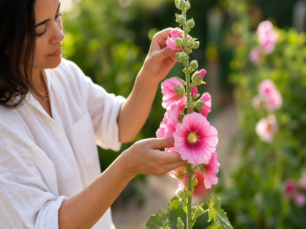 Mains tenant les fleurs roses d'une rose trémière en fleurs au jardin