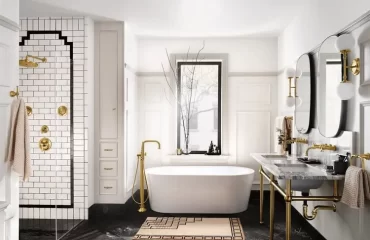 salle de bain style art déco tendance 2023 baignoire autonome accents en laiton