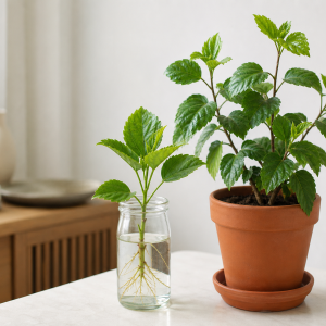 Bouture d'hibiscus dans un verre d'eau et plant en pot terracotta