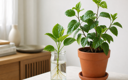 Bouture d'hibiscus dans un verre d'eau et plant en pot terracotta