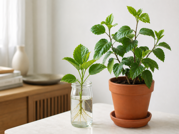 Bouture d'hibiscus dans un verre d'eau et plant en pot terracotta