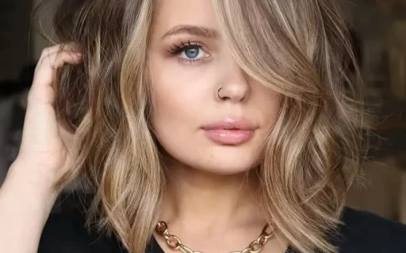 carré plongeant avec frange sur le côté balayage blond coloration money piece