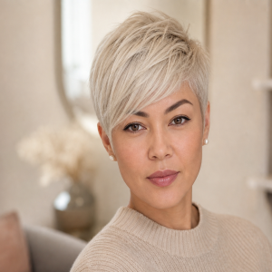 Coupe pixie platine avec frange balayée, portrait beauté pour cheveux fins