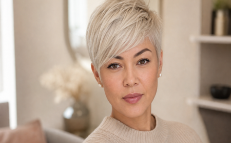 Coupe pixie platine avec frange balayée, portrait beauté pour cheveux fins