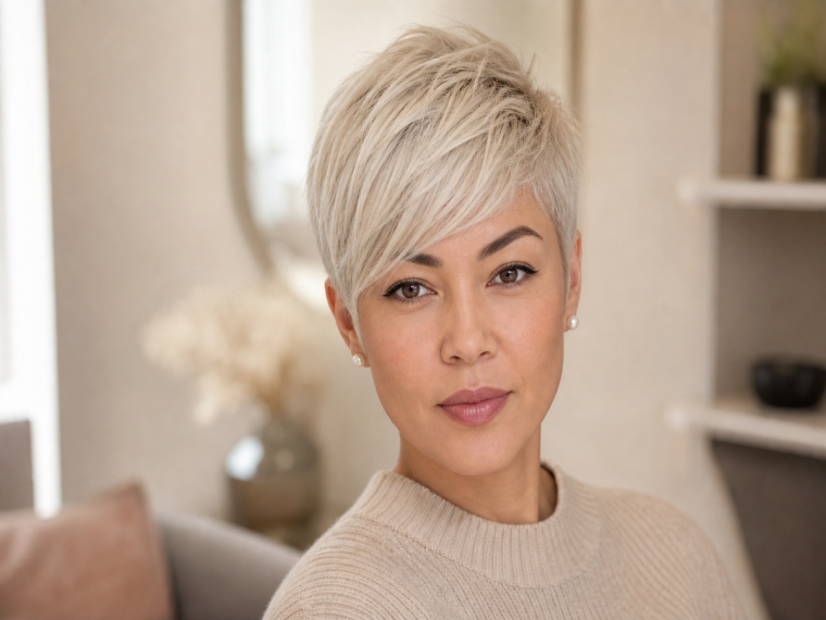 Coupe pixie platine avec frange balayée, portrait beauté pour cheveux fins