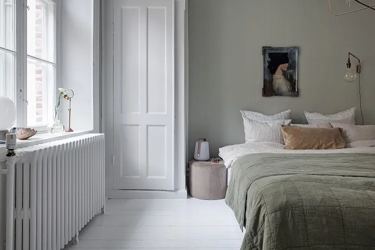 idée déco chambre minimaliste en vert sauge gris blanc beige