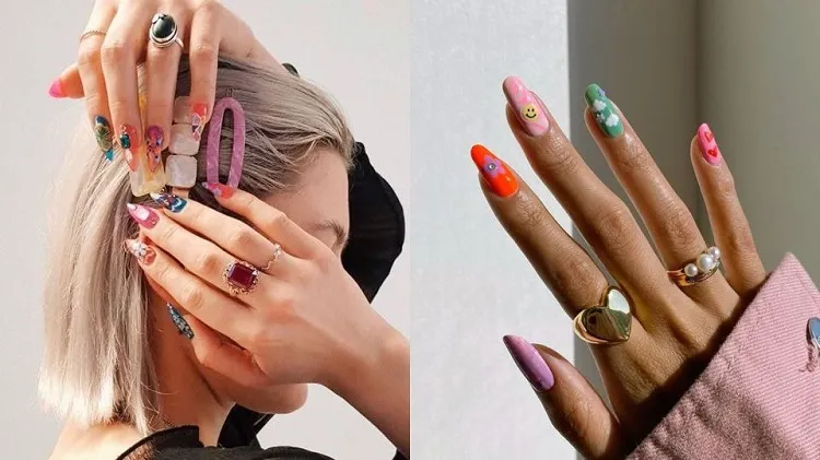 manucure dépareillée femme ongles longs tendance nail art été 2023 mismatched nails dopamine nails