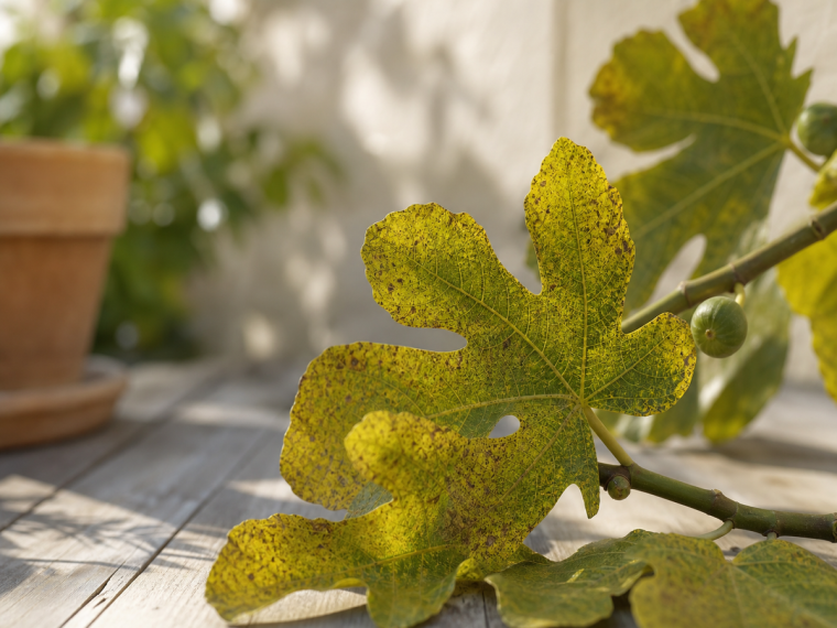 Branche de figuier aux feuilles jaunies et tachetées avec figues vertes immatures — maladies et parasites figuier