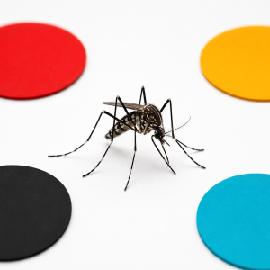 Quelles couleurs attirent les moustiques — rouge, noir, jaune et turquoise sur fond blanc