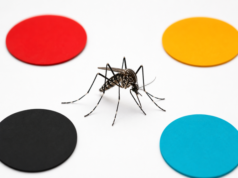 Quelles couleurs attirent les moustiques — rouge, noir, jaune et turquoise sur fond blanc