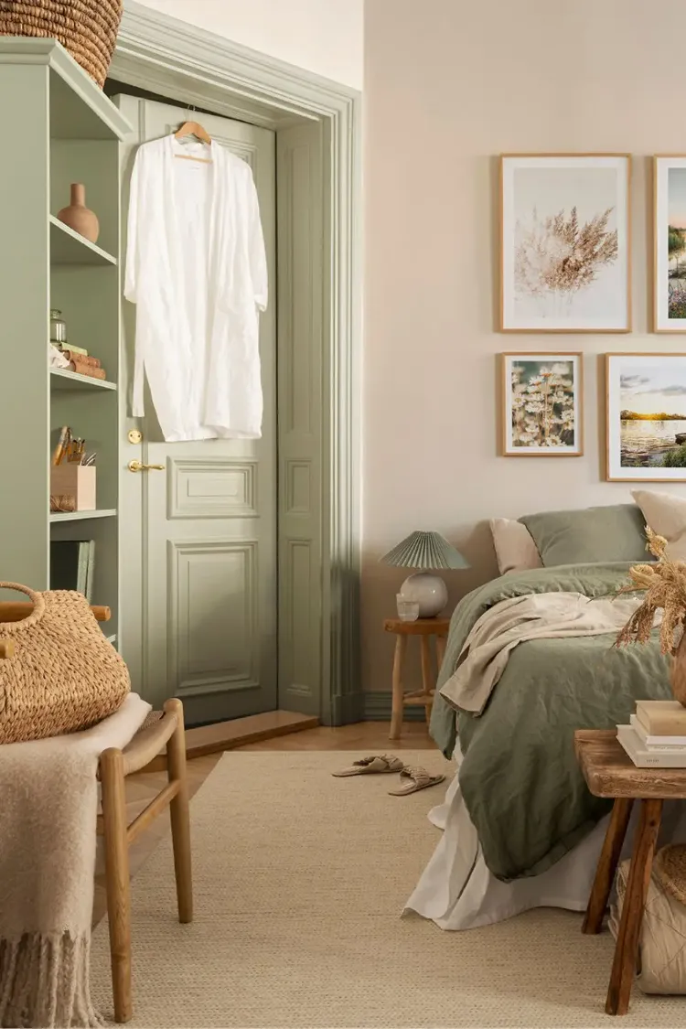 relooking chambre à coucher en vert sauge beige blanc et bois clair