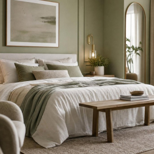 tendance déco intérieur 2023 relooking chambre vert sauge blanc bois gris rose beige