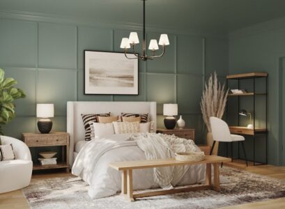 tendance déco intérieur 2023 relooking chambre vert sauge blanc bois gris rose beige