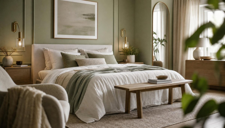 tendance déco intérieur 2023 relooking chambre vert sauge blanc bois gris rose beige