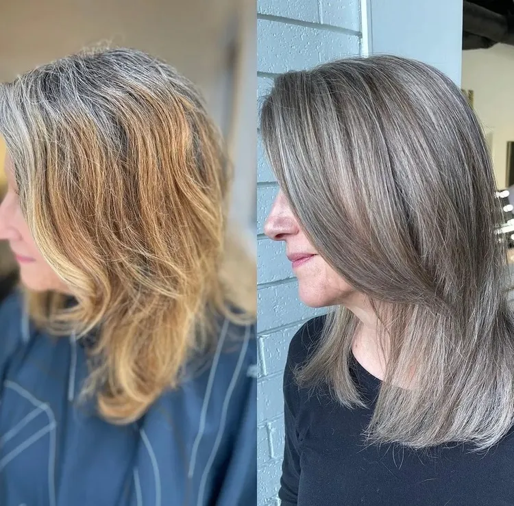 balayage cendré sur cheveux gris idée coiffure tendance femme 50 ans