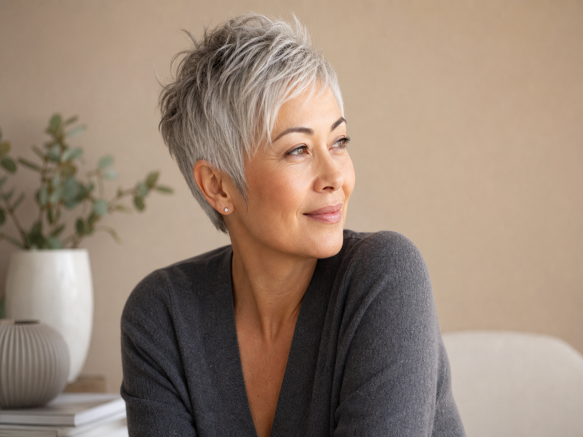 coupe courte avec double menton cheveux blancs pixie cut