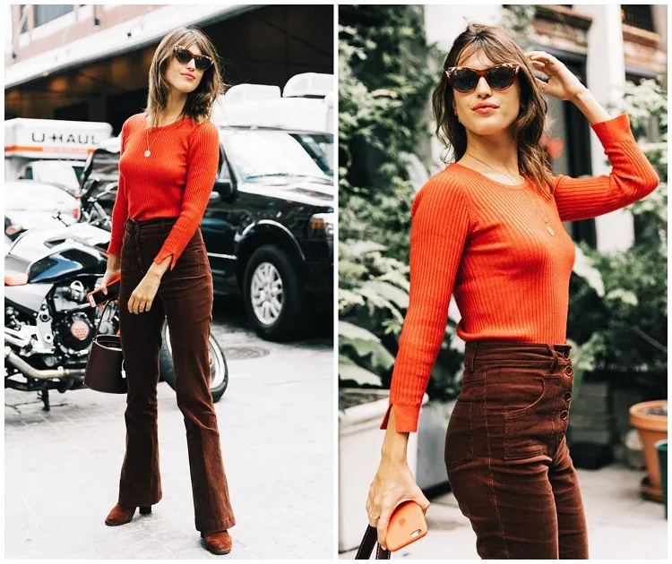 idée outfit jean marron pull moulant rouge femme tenue rentrée 2023