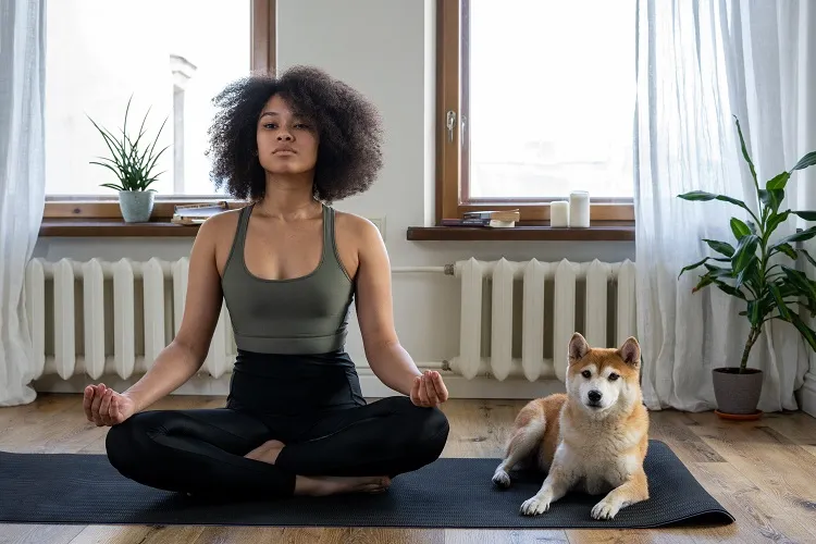 pratiquer yoga à la maison avec chien sur tapis