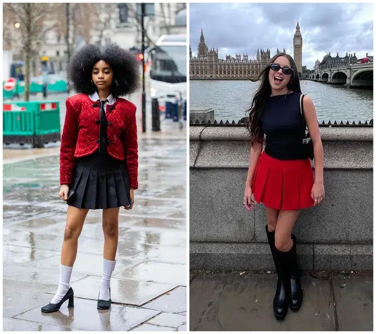 tendance mini jupe écolière plissée noir rouge femme automne 2023