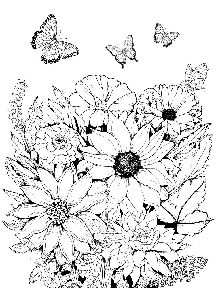 bouquet de fleurs à colorier gratuitement avec des papillons