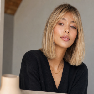 Carré épaule lisse blond avec frange rideau légère, cheveux fins automne 2023
