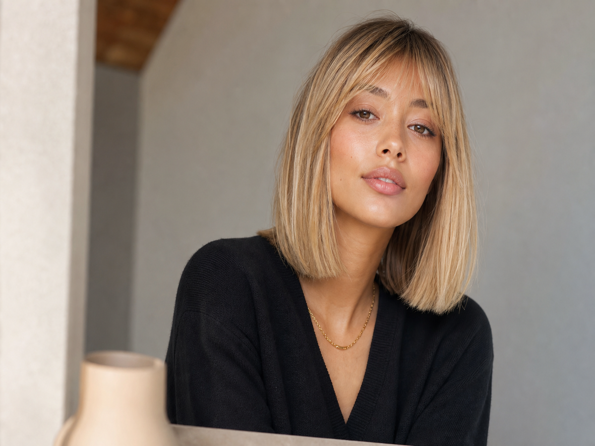Carré épaule lisse blond avec frange rideau légère, cheveux fins automne 2023