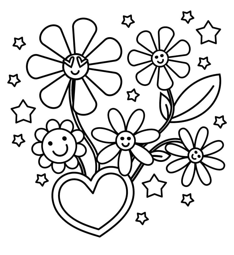 coloriage maternelle fleurs soleil coeur étoiles