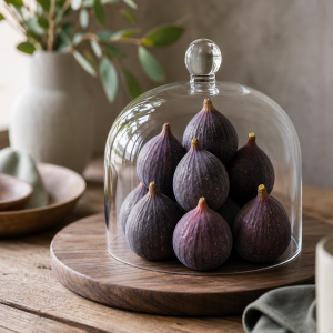 Figues mûres sous une cloche en verre sur une planche en ardoise, table en bois rustique