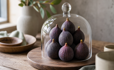 Figues mûres sous une cloche en verre sur une planche en ardoise, table en bois rustique