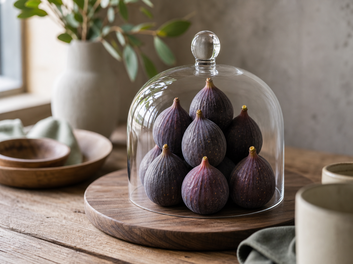 Figues mûres sous une cloche en verre sur une planche en ardoise, table en bois rustique