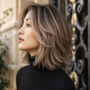 Coupe de cheveux femme dégradée effilée mi-courte avec balayage blond