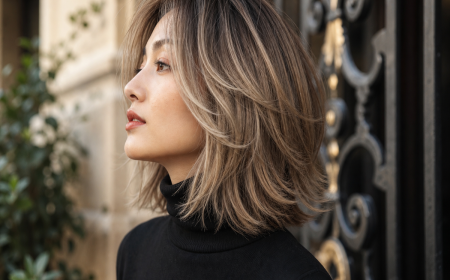 Coupe de cheveux femme dégradée effilée mi-courte avec balayage blond