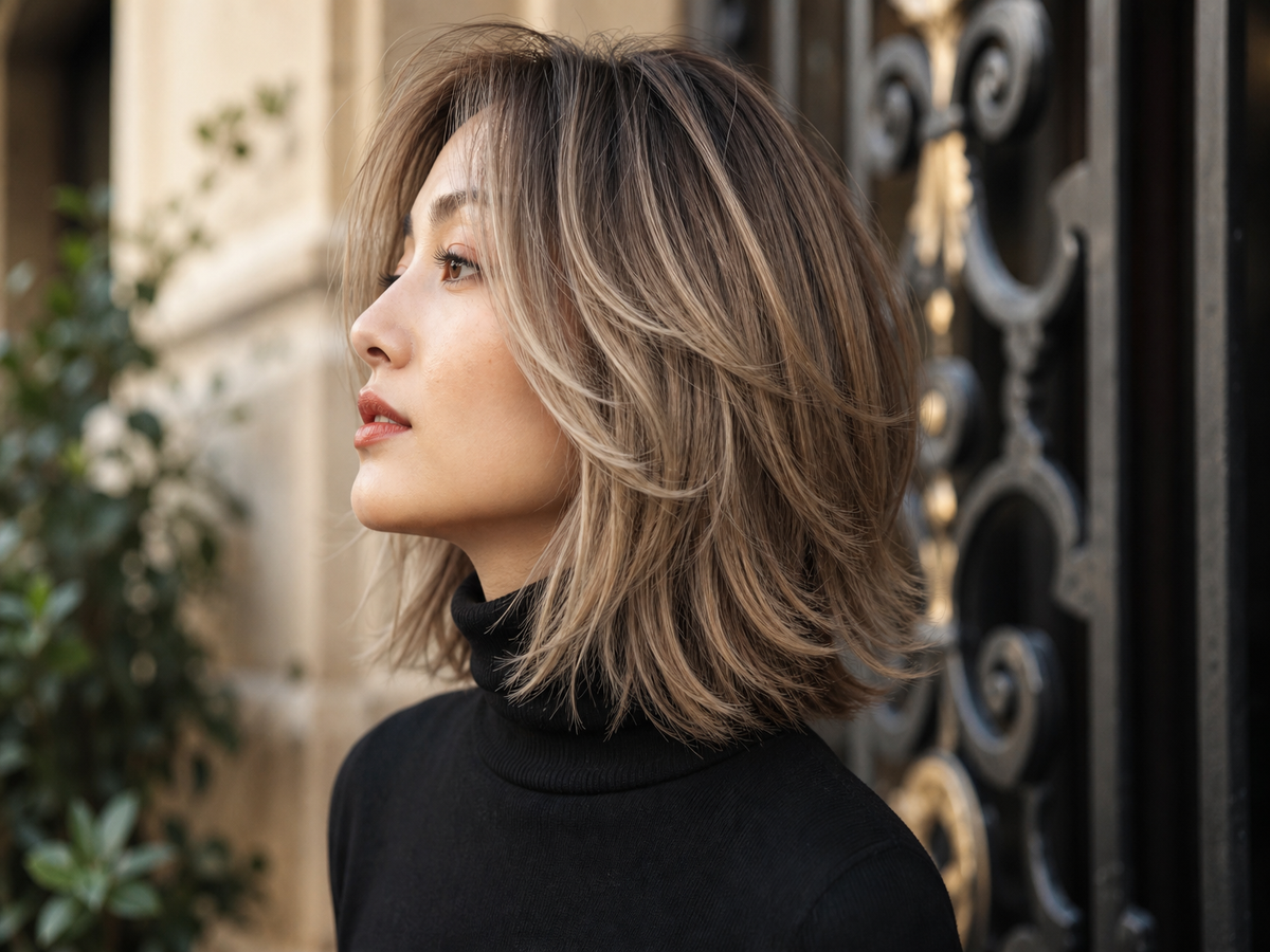 Coupe de cheveux femme dégradée effilée mi-courte avec balayage blond