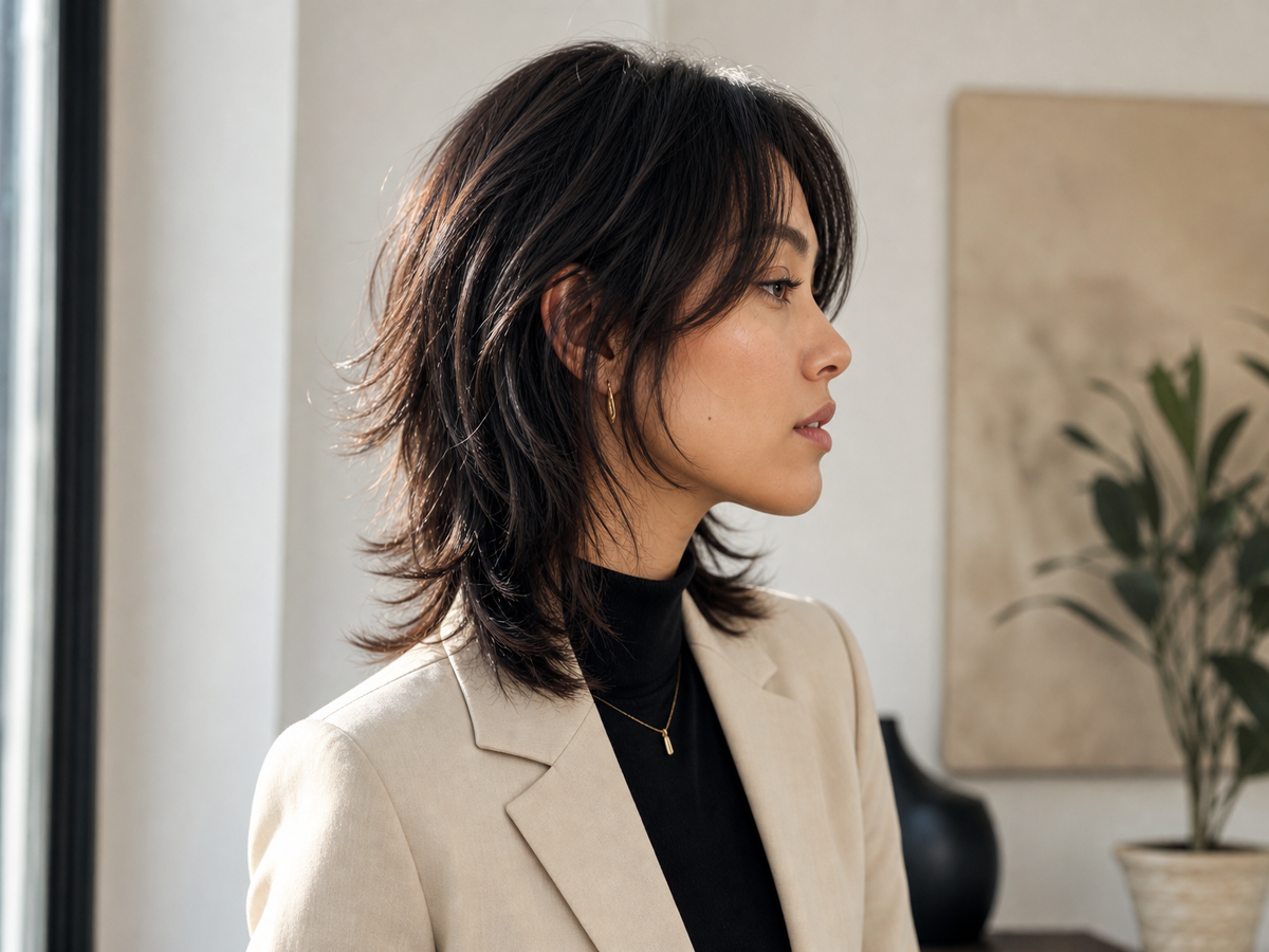 coiffure mi courte effilée avec frange rideau