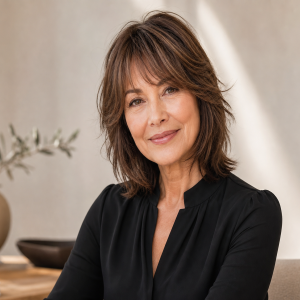 Coupe de cheveux mi-long dégradé effilé avec frange pour femme de 60 ans et plus, style élégant