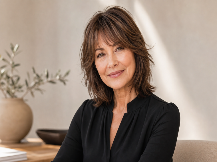 Coupe de cheveux mi-long dégradé effilé avec frange pour femme de 60 ans et plus, style élégant