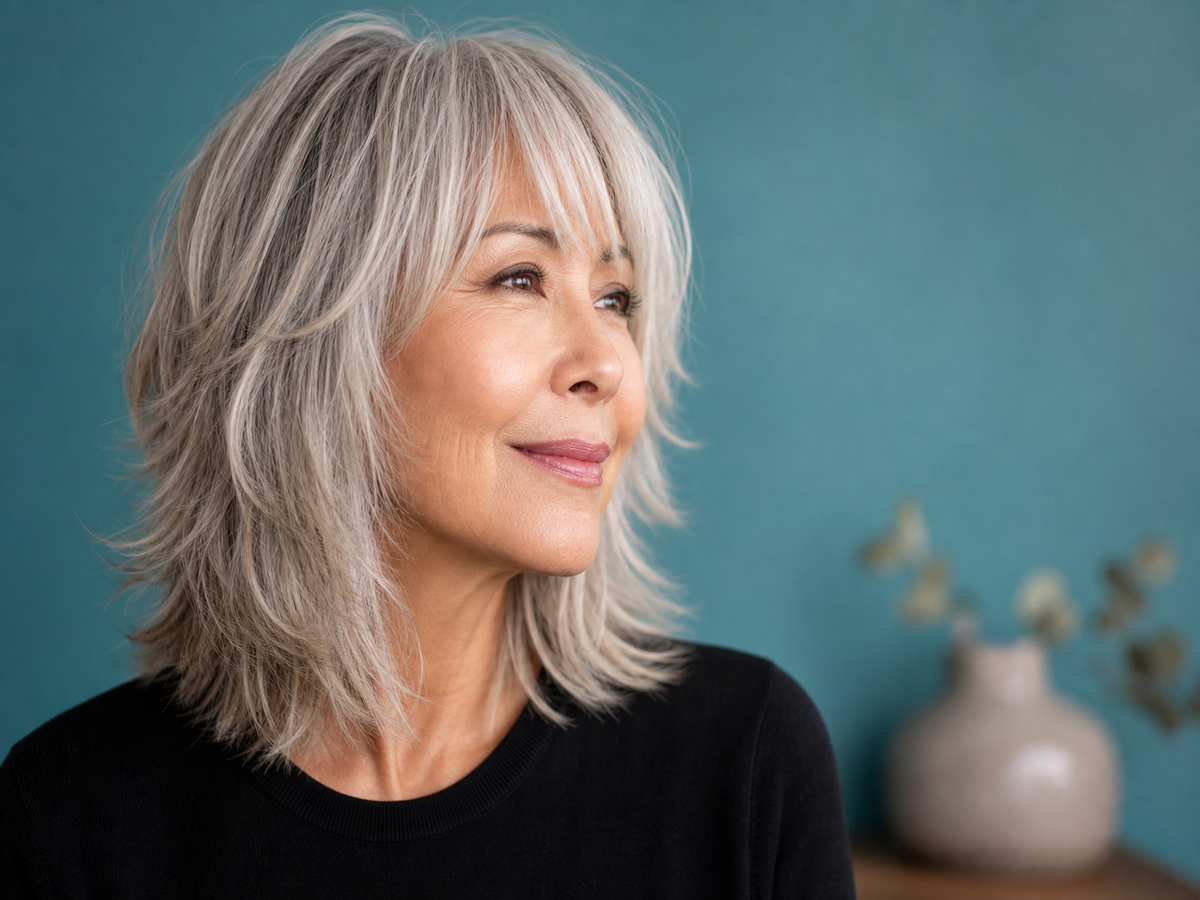 coupe cheveux mi long dégradé effilé avec frange 60 ans blond shaggy