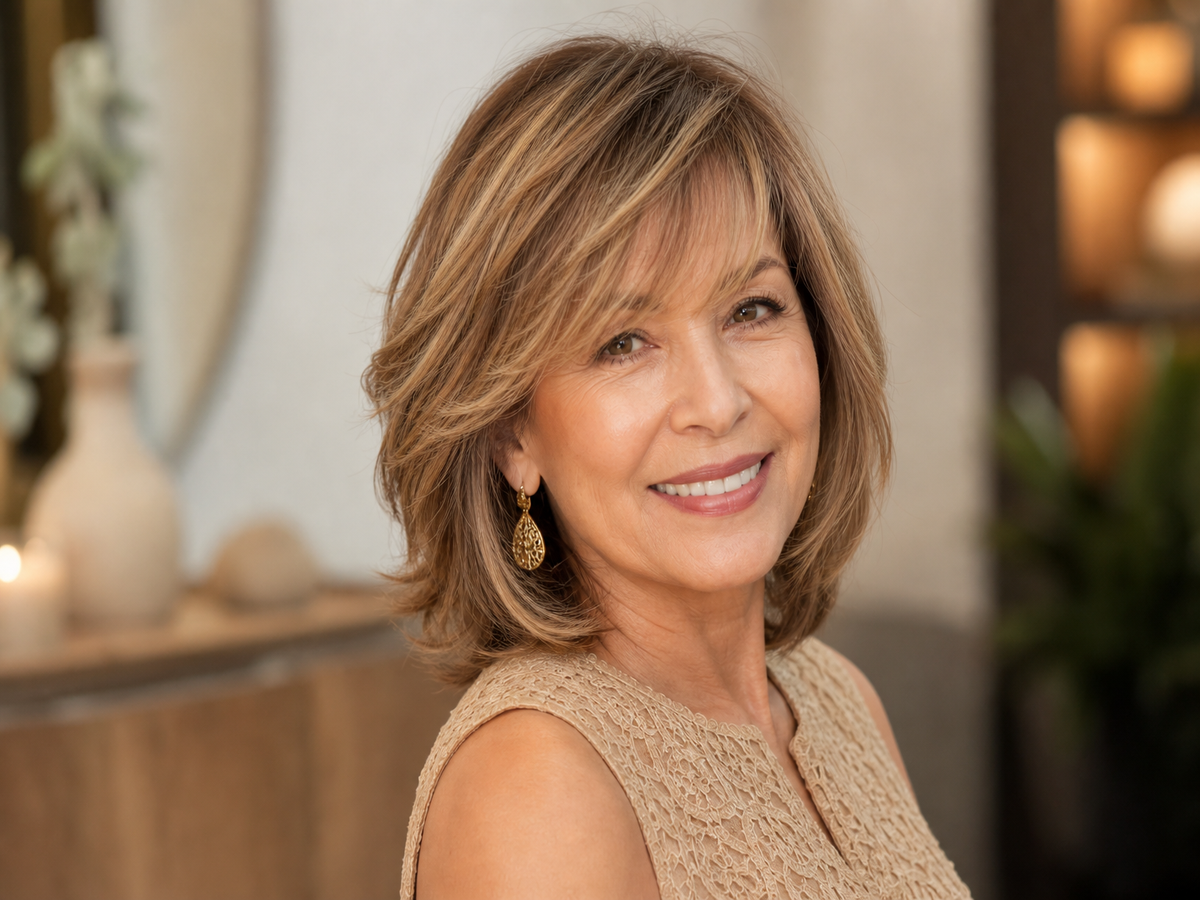 coupe cheveux mi long dégradé effilé avec frange kate capshow 69 ans