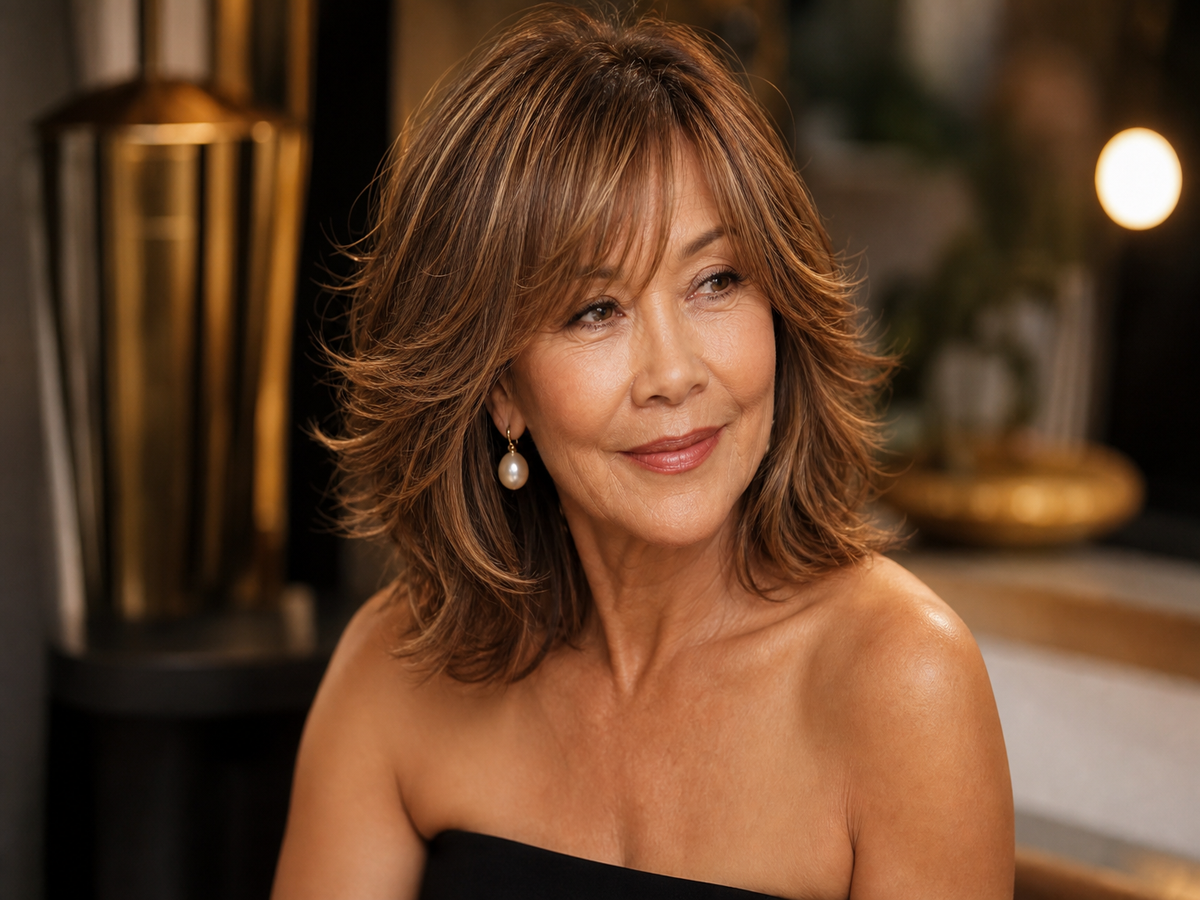coupe cheveux mi long épaules dégradé effilé avec frange rideau longue 60 ans