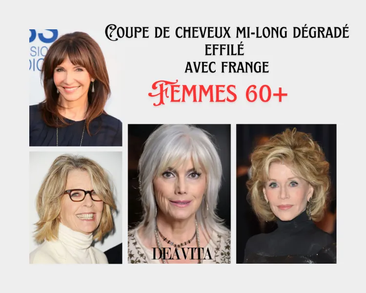 idées de coupe de cheveux mi long dégradé effilé avec frange pour femmes de 60 ans ou plus